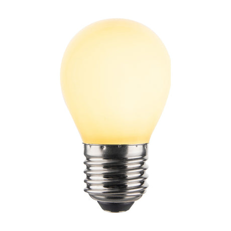 Colors Mini Crown E27 3-Step Memory Bulb in opal glass, rounded golf ball shape with an even white glow and silver ribbed E27 screw cap, shown on a plain white background.