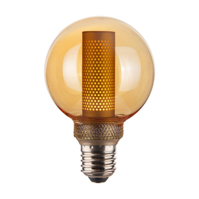 Colors Core 3-Step Memory Bulb 80mm in amber glass with an E27 fitting, featuring a perforated inner sleeve that emits light as a grid of dots, shown on a plain white background.