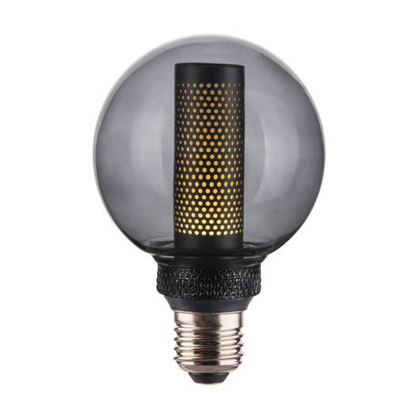 Colors Core 3-Step Memory Bulb 80mm in smoke glass with a black perforated sleeve emitting a grid of warm light dots, E27 fitting, shown on a plain white background.
