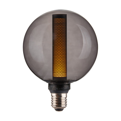 Colors Core 3-Step Memory Bulb 125mm in smoke glass, a large round E27 bulb with a black perforated sleeve glowing amber through the smoked grey globe, shown on a plain white background.
