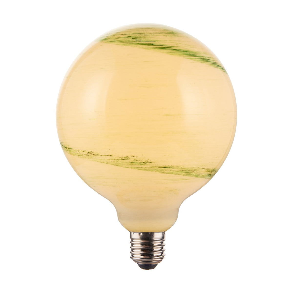 Stockholm 7W Bulb in marble green, a large round E27 globe with cream glass brushed in broad green marbled bands and a silver screw cap, shown on a plain white background.