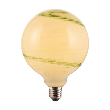 Stockholm 7W Bulb in marble green, a large round E27 globe with cream glass brushed in broad green marbled bands and a silver screw cap, shown on a plain white background.
