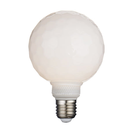 Colors Geo 3-Step Memory Bulb 95mm in opal white glass with a faceted, softly hammered surface, white knurled collar, and silver E27 screw cap on a plain background.