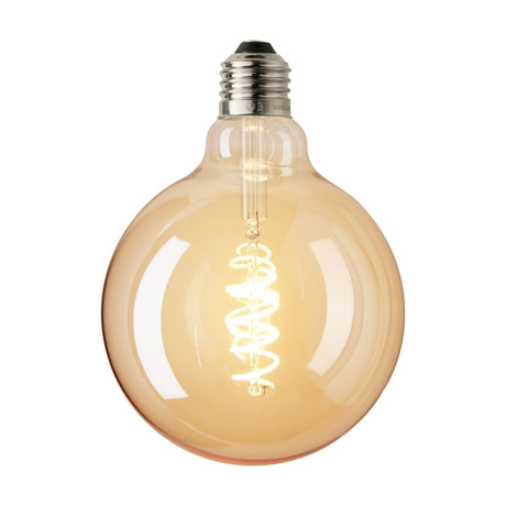 Colors Deko G125 Spiral Bulb in amber glass with an E27 silver screw cap, showing a warm-glowing spiral filament, set against a plain white background.