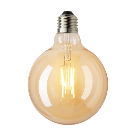 Colors Deko G125 Filament Bulb in amber glass, large round LED bulb with visible upright filaments and silver E27 screw cap, shown on a plain white background.