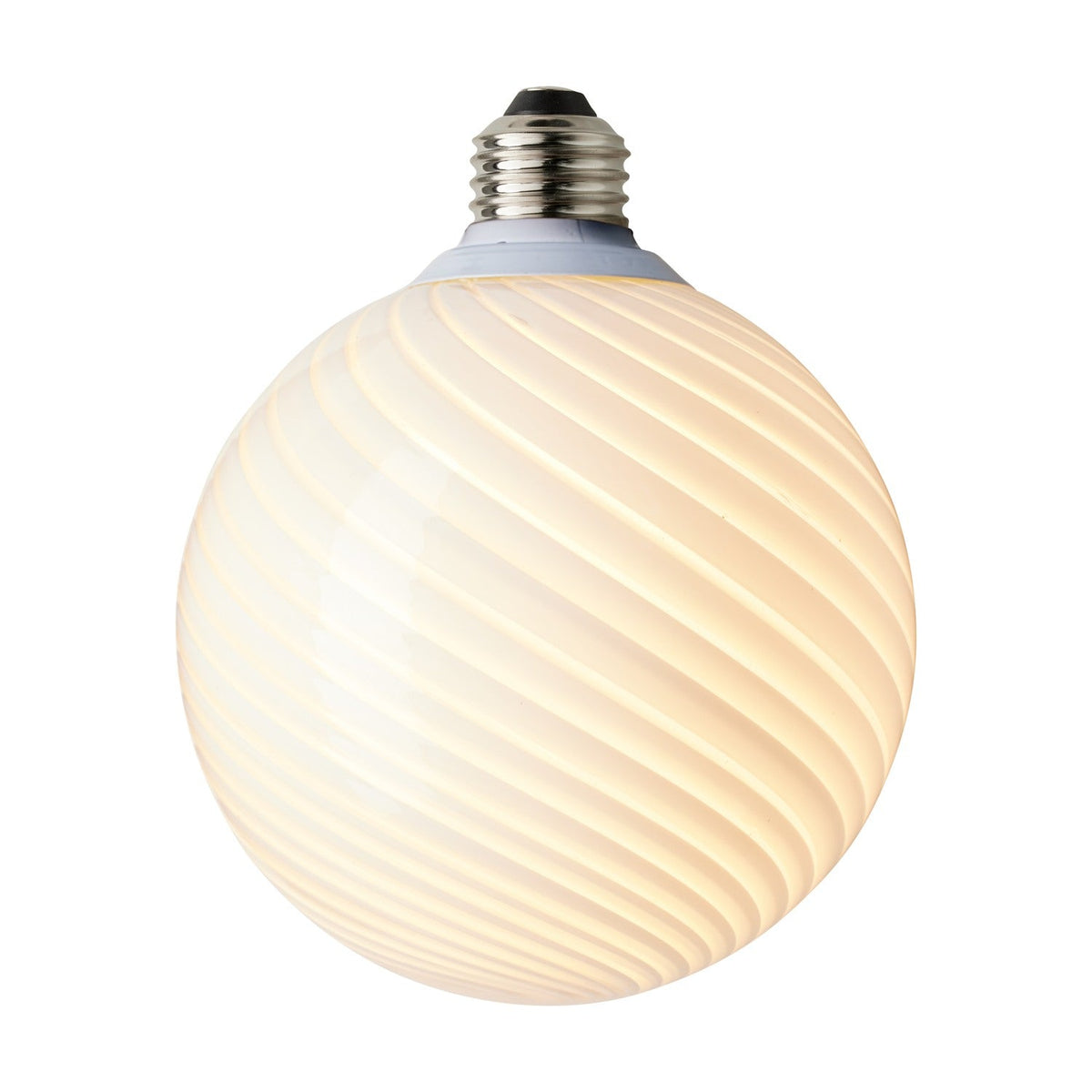 Colors Candy Bulb 12.5cm in opal glass with a twisted flute design, spiral ribs from neck to base, warm white diffused glow, silver-tone E27 fitting, on a plain white background.