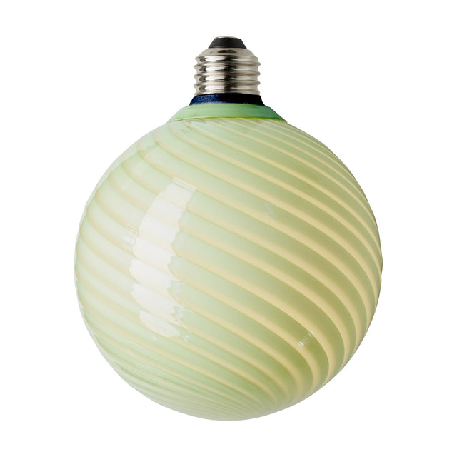 Colors Candy Bulb 12.5cm in olive green glass, a round LED globe with spiralling twisted-flute ribs and an E27 metal fitting, shown on a plain white background.