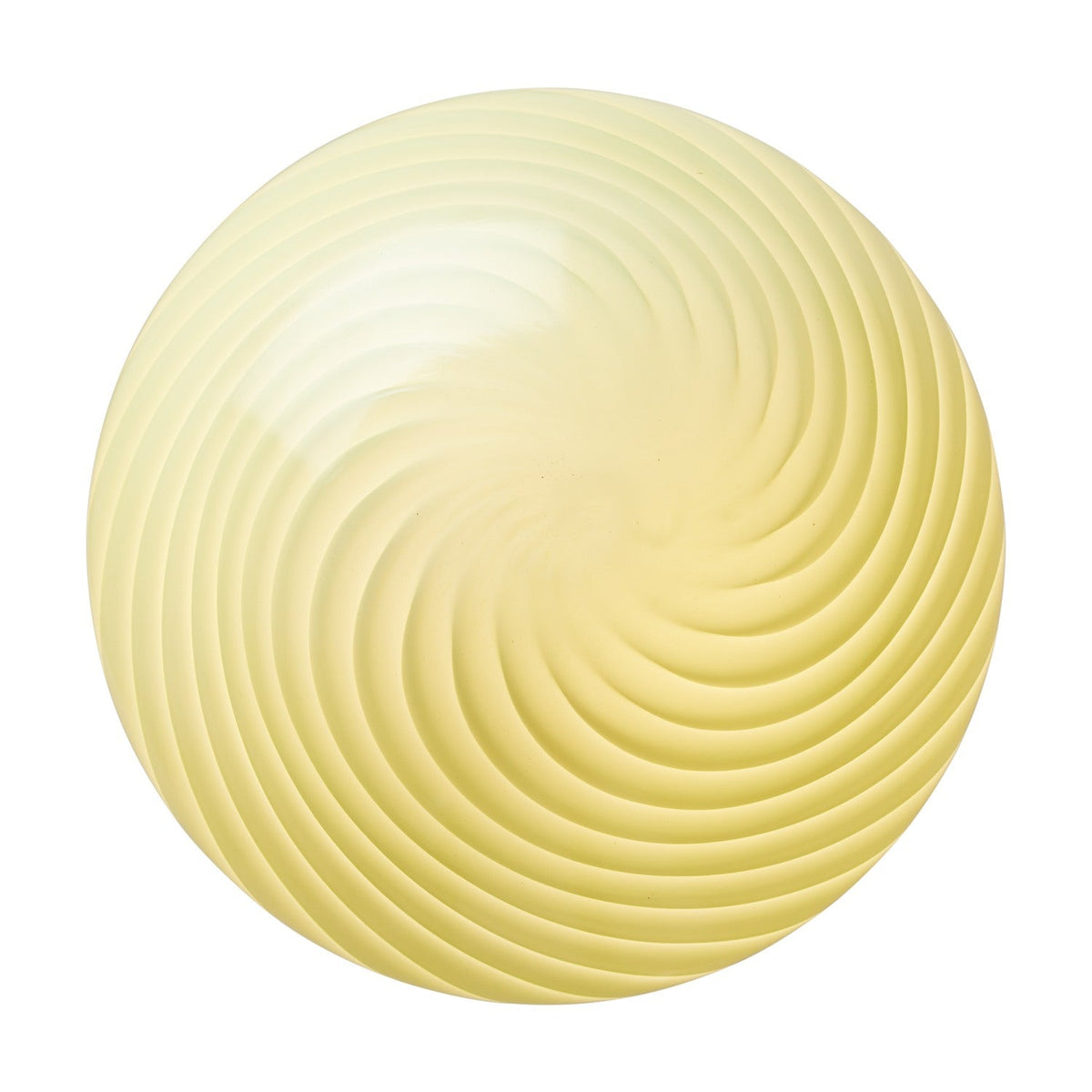 Colors Candy Bulb 12.5cm in pale olive green glass, a round LED bulb with twisted flute ribs spiralling from neck to base, shown on a plain white background.
