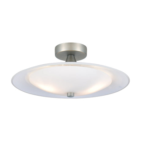 Baroni Loft Aluminium Flush Ceiling Light 35cm in Opal, a wide shallow white dish with a glowing opal glass bowl beneath and a brushed steel centre finial, shown on a white background.
