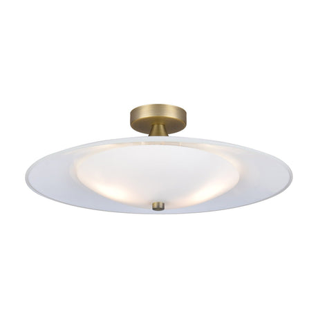 Baroni Flush Ceiling Light 46cm in opal glass and antique brass, featuring a wide shallow white dish with a glowing opal bowl beneath and a brass finial, shown on a plain white background.