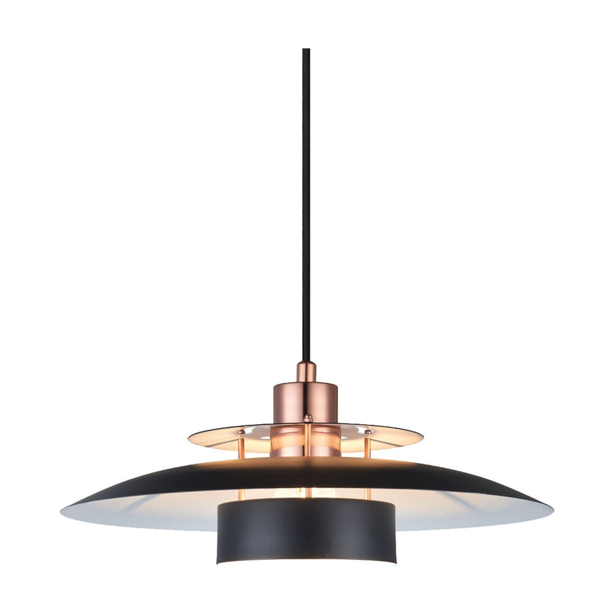 Sørup Pendant Light 40cm in black and copper, featuring a black disc shade with white underside, a smaller copper disc on slender rods, and a copper collar above.