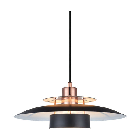 Sørup Pendant Light 40cm in black and copper, featuring a black disc shade with white underside, a smaller copper disc on slender rods, and a copper collar above.