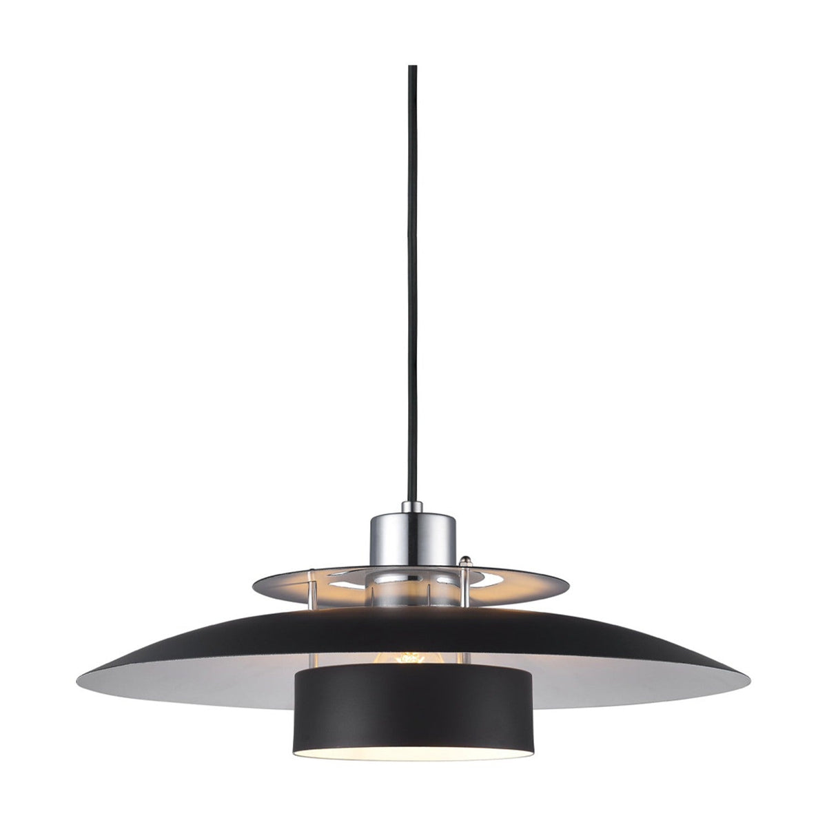Sørup Pendant Light 40cm in black and chrome, featuring a wide flat black disc shade, chrome ring detailing, and a black cylinder diffuser, shown on a plain white background.
