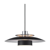 Sørup Pendant Light 40cm in black and chrome, featuring a wide flat black disc shade, chrome ring detailing, and a black cylinder diffuser, shown on a plain white background.