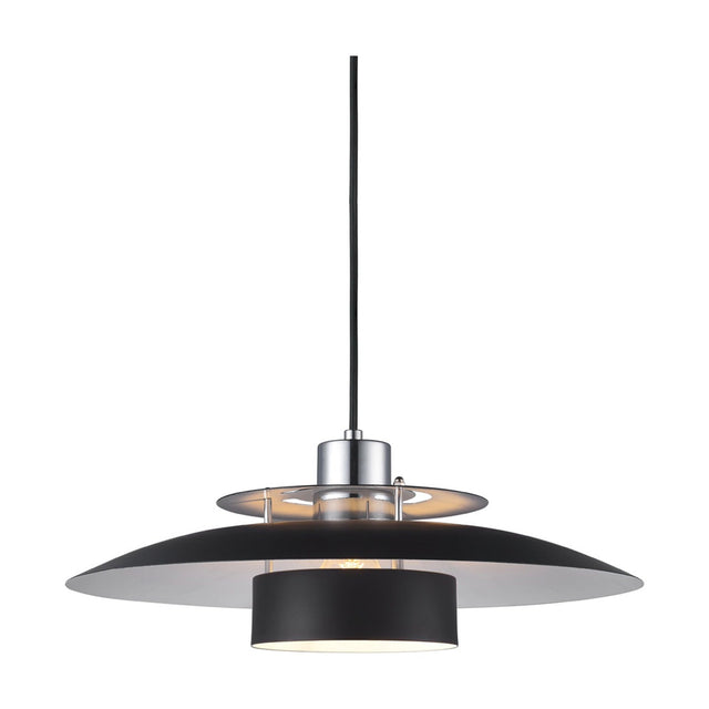 Sørup Pendant Light 40cm in black and chrome, featuring a wide flat black disc shade, chrome ring detailing, and a black cylinder diffuser, shown on a plain white background.
