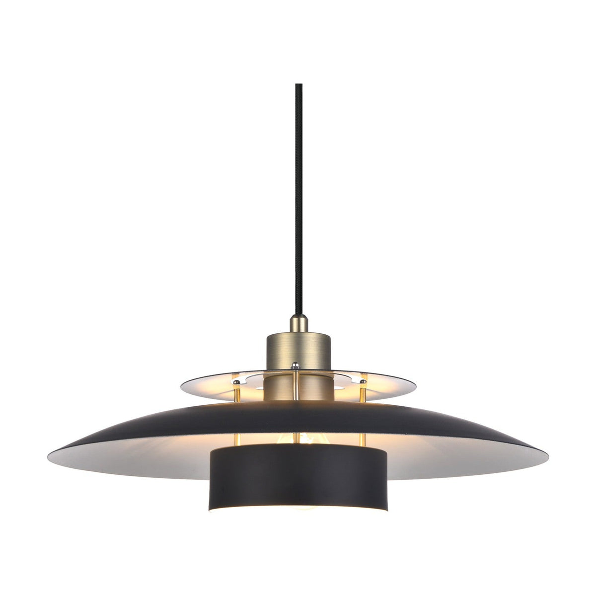 Sørup Pendant Light 40cm in black and antique brass, with a shallow flared disc, stacked brass rings, and a black inner shade, shown on a plain white background.