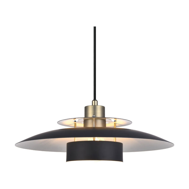 Sørup Pendant Light 40cm in black and antique brass, with a shallow flared disc, stacked brass rings, and a black inner shade, shown on a plain white background.