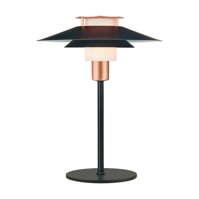Rivoli 24cm table lamp in black and copper, with tiered black metal shades over an illuminated opal glass drum on a slim black stem and round base, shown on a white background.