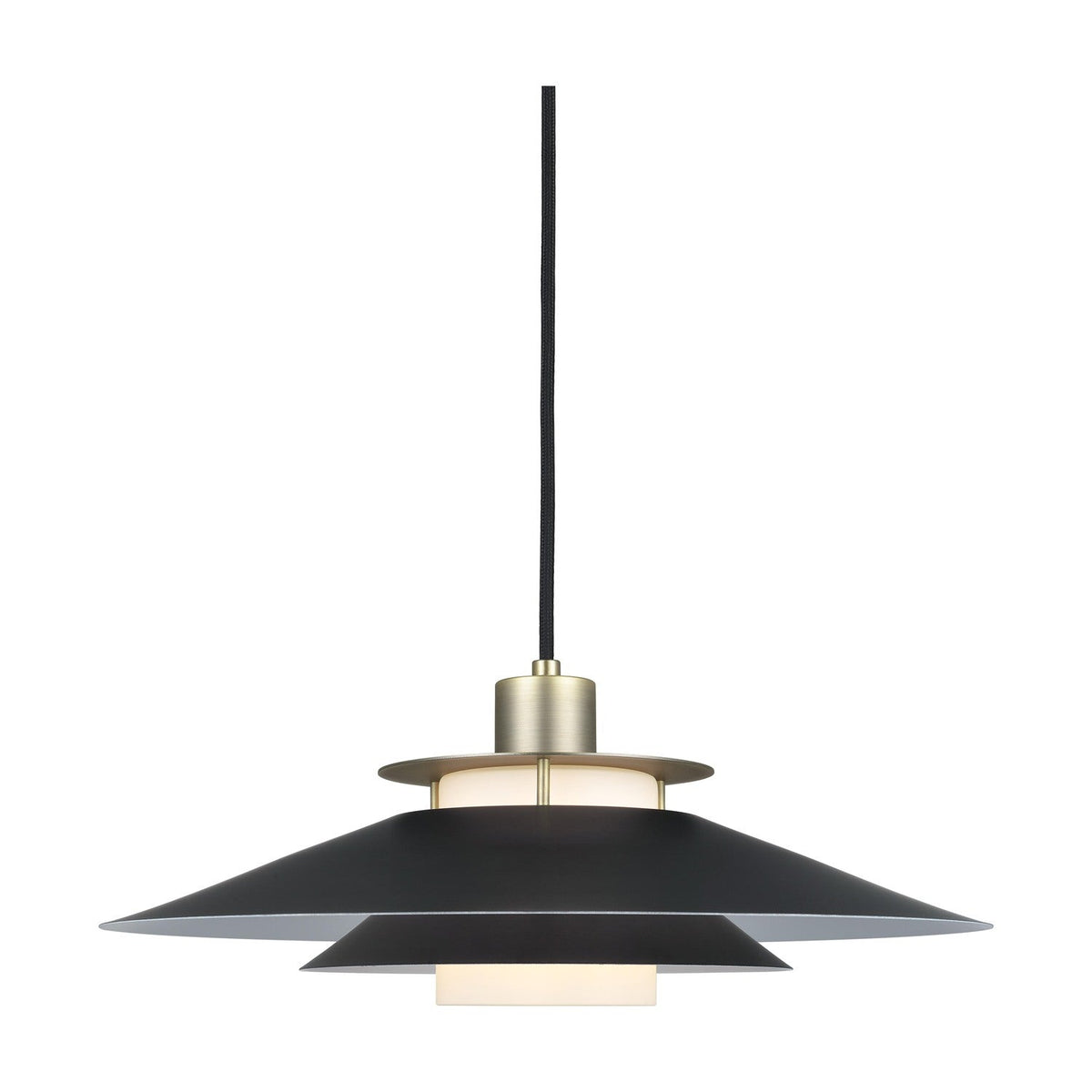 Rivoli Pendant Light 40cm in antique brass, featuring a wide, shallow black tiered disc shade with opal glass diffuser and brass ring details, shown on a plain white background.