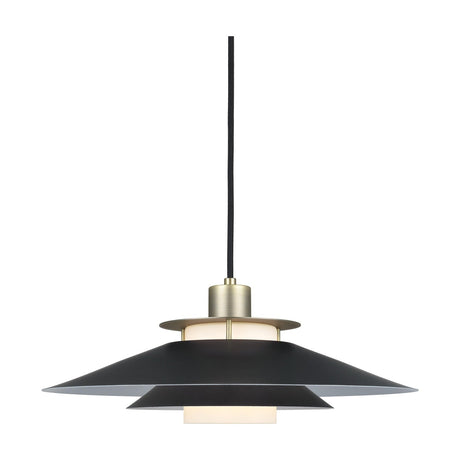 Rivoli Pendant Light 40cm in antique brass, featuring a wide, shallow black tiered disc shade with opal glass diffuser and brass ring details, shown on a plain white background.