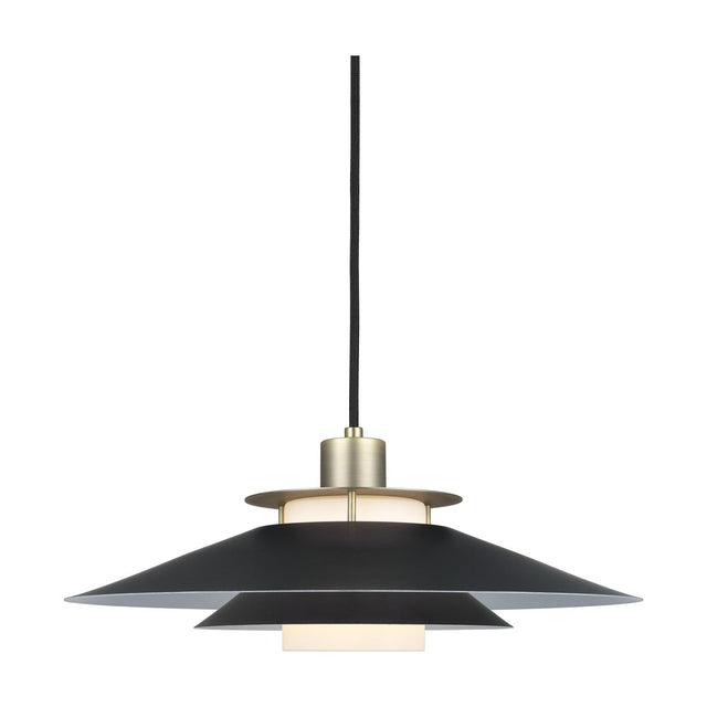 Rivoli Pendant Light 40cm in antique brass, featuring a wide, shallow black tiered disc shade with opal glass diffuser and brass ring details, shown on a plain white background.