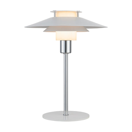 Rivoli Table Lamp 24cm in white and chrome, with tiered white plates, an opal glass drum, and a slender chrome stem on a round base, shown lit against a plain white background.