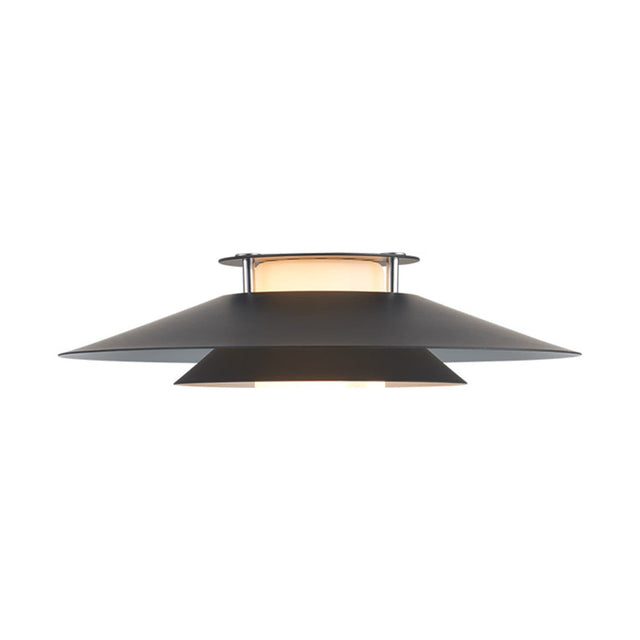 Rivoli Table Lamp 24cm in black and chrome, with two stacked flat black metal plates over an opal glass drum and chrome collar, shown lit against a plain white background.