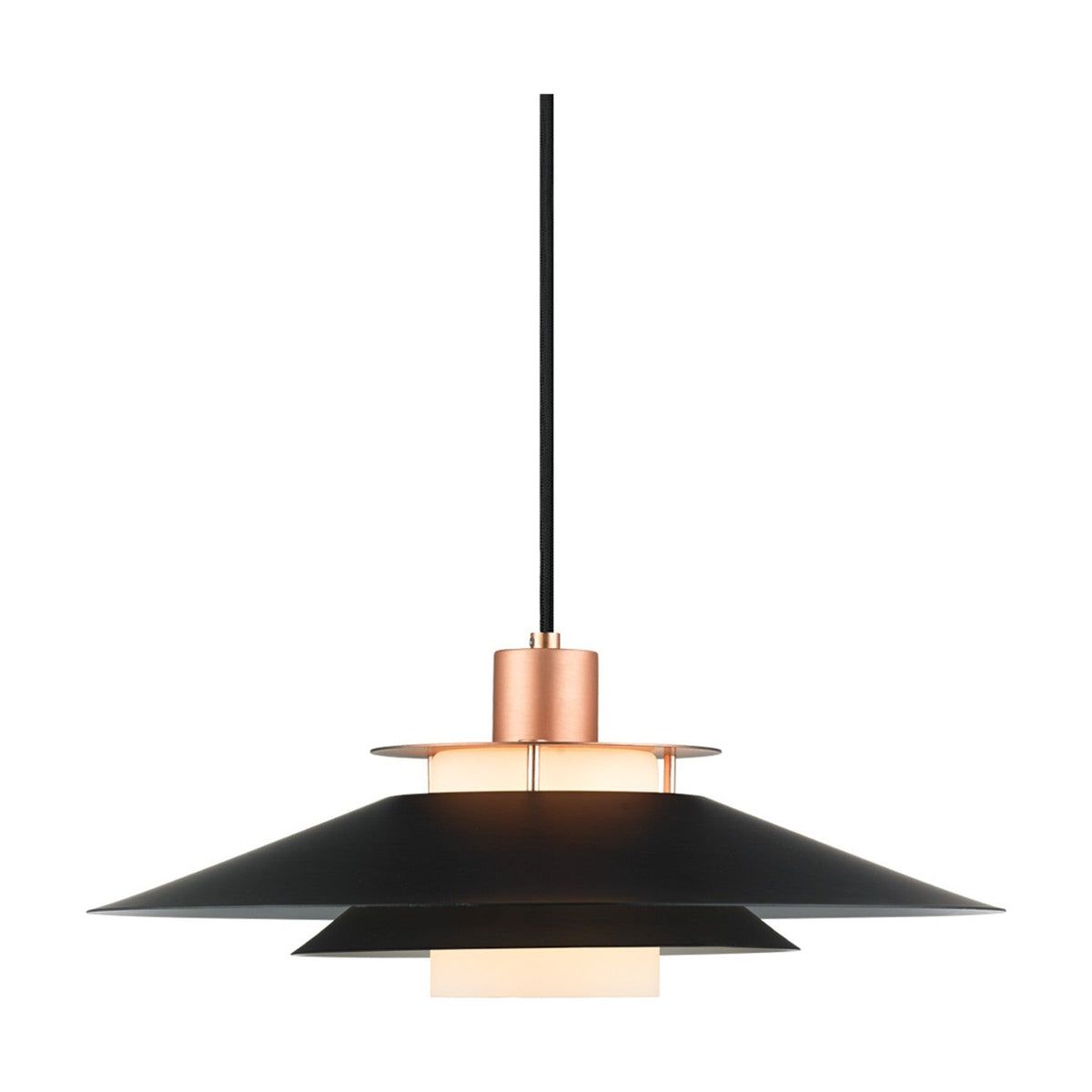 Rivoli Pendant Light 40cm in black and copper, with tiered flat black discs, stacked copper rings, and an opal glass diffuser, shown on a plain white background.