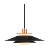 Rivoli Pendant Light 40cm in black and copper, with tiered flat black discs, stacked copper rings, and an opal glass diffuser, shown on a plain white background.