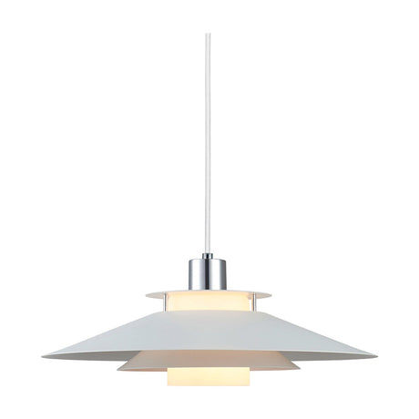 Rivoli Pendant Light 40cm in white and chrome, featuring a wide flared disc shade with a chrome ring and cylinder top, shown lit against a plain white background.