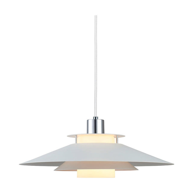Rivoli Pendant Light 40cm in white and chrome, featuring a wide flared disc shade with a chrome ring and cylinder top, shown lit against a plain white background.
