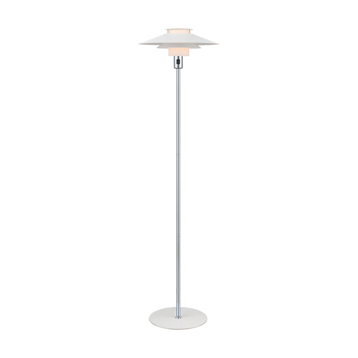 Rivoli Floor Lamp 40cm in white and chrome, with tiered white plates and an opal glass drum atop a slim chrome column and round white base, on a plain background.