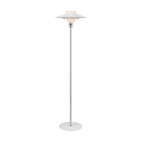 Rivoli Floor Lamp 40cm in white and chrome, with tiered white plates and an opal glass drum atop a slim chrome column and round white base, on a plain background.