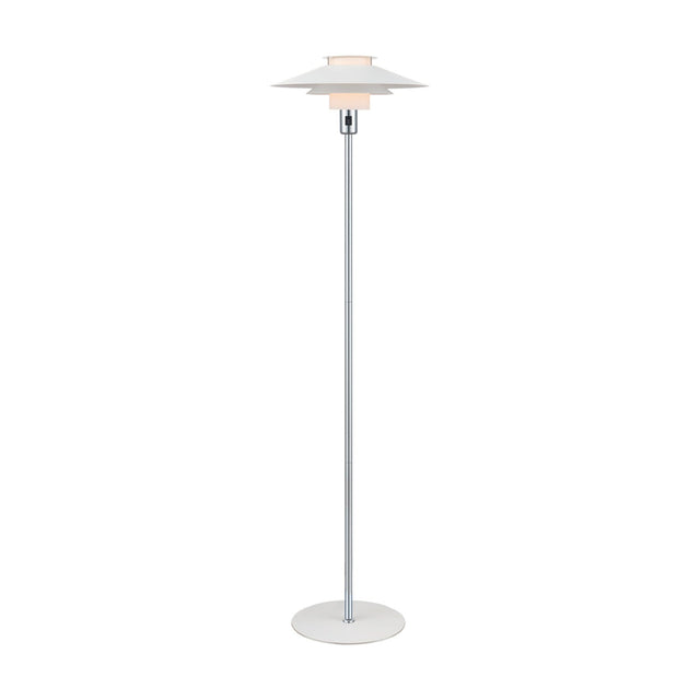 Rivoli Floor Lamp 40cm in white and chrome, with tiered white plates and an opal glass drum atop a slim chrome column and round white base, on a plain background.