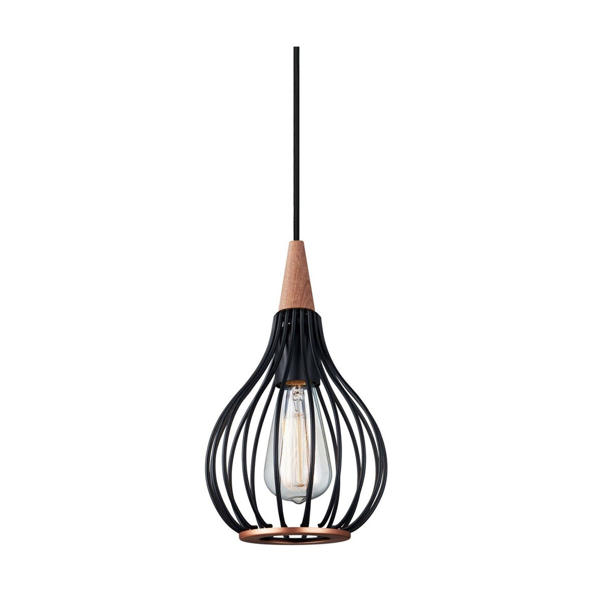 Drops Pendant Light 17cm in black wire teardrop cage with copper base ring and dark wood top cone, exposed bulb, on a plain white background.