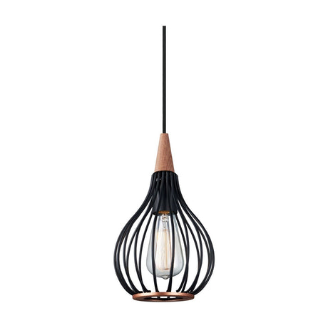Drops Pendant Light 17cm in black wire teardrop cage with copper base ring and dark wood top cone, exposed bulb, on a plain white background.