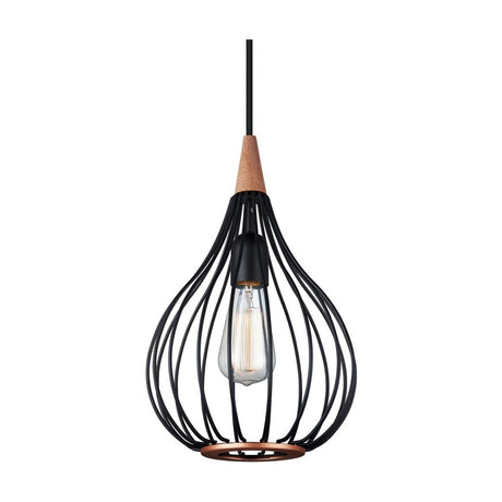 Drops Pendant Light 23cm in black and dark wood, teardrop-shaped open wire cage with copper base ring, exposed E27 bulb, on a white background.