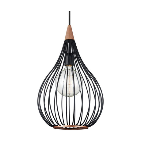 Drops Pendant Light 30cm, a teardrop-shaped black wire cage with copper base ring and dark wood top collar, exposed E27 bulb visible inside, on a plain white background.
