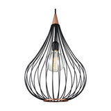 Drops Pendant Light 38cm in black wire forming an open teardrop cage with copper base ring, pale wood ceiling cap, and exposed E27 bulb, shown on a white background.