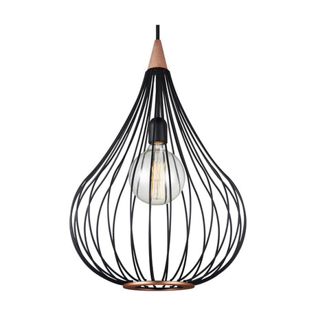 Drops Pendant Light 38cm in black wire forming an open teardrop cage with copper base ring, pale wood ceiling cap, and exposed E27 bulb, shown on a white background.