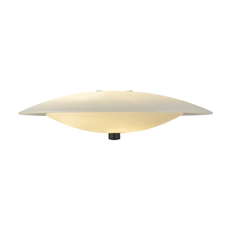 Baroni Glass Pendant Light 40cm in opal and black, a wide flat disc shade with a glowing opal glass bowl beneath and black finial, shown lit against a plain white background.