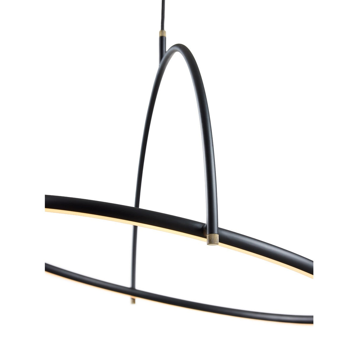 Close-up of the Tilt LED Ring Chandelier 60cm in matt black and brass, showing the crossed black rings and integrated light strip against a plain white background.