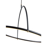 Close-up of the Tilt LED Ring Chandelier 60cm in matt black and brass, showing the crossed black rings and integrated light strip against a plain white background.