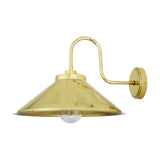 Halvery Brass Swan Neck Wall Light with curved arm, round wall backplate, and wide cone shade over a single exposed bulb, shown on a plain white background.
