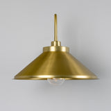 Halvery Brass Swan Neck Wall Light IP65 with curved arm and wide cone shade over a single exposed bulb, shown against a plain light grey background.