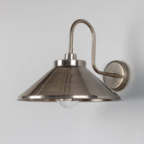 Halvery Brass Swan Neck Wall Light IP65, featuring a curved arm with round wall backplate and wide cone shade over a single exposed bulb, shown on a plain light grey background.