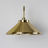 Halvery Brass Swan Neck Wall Light IP65 with curved arm, wide cone shade and exposed bulb, shown in polished brass against a plain white background.