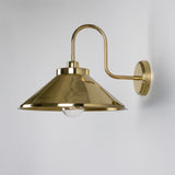 Halvery Brass Swan Neck Wall Light IP65 with a round wall backplate, curved arm, and wide cone shade holding a single exposed bulb, shown on a plain white background.