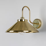 Halvery Brass Swan Neck Wall Light IP65 with a curved arm, round wall-mounted backplate, and wide cone shade over a single exposed bulb, shown on a plain light grey background.