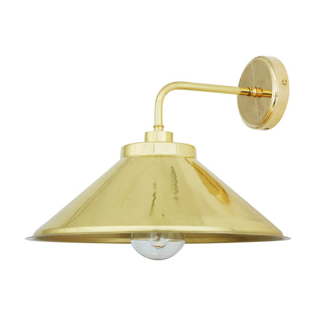 Halvery Brass Wall Light IP65, a one-light wall light with a wide cone shade on a curved arm and round wall plate, polished brass finish with exposed bulb, shown on a plain white background.